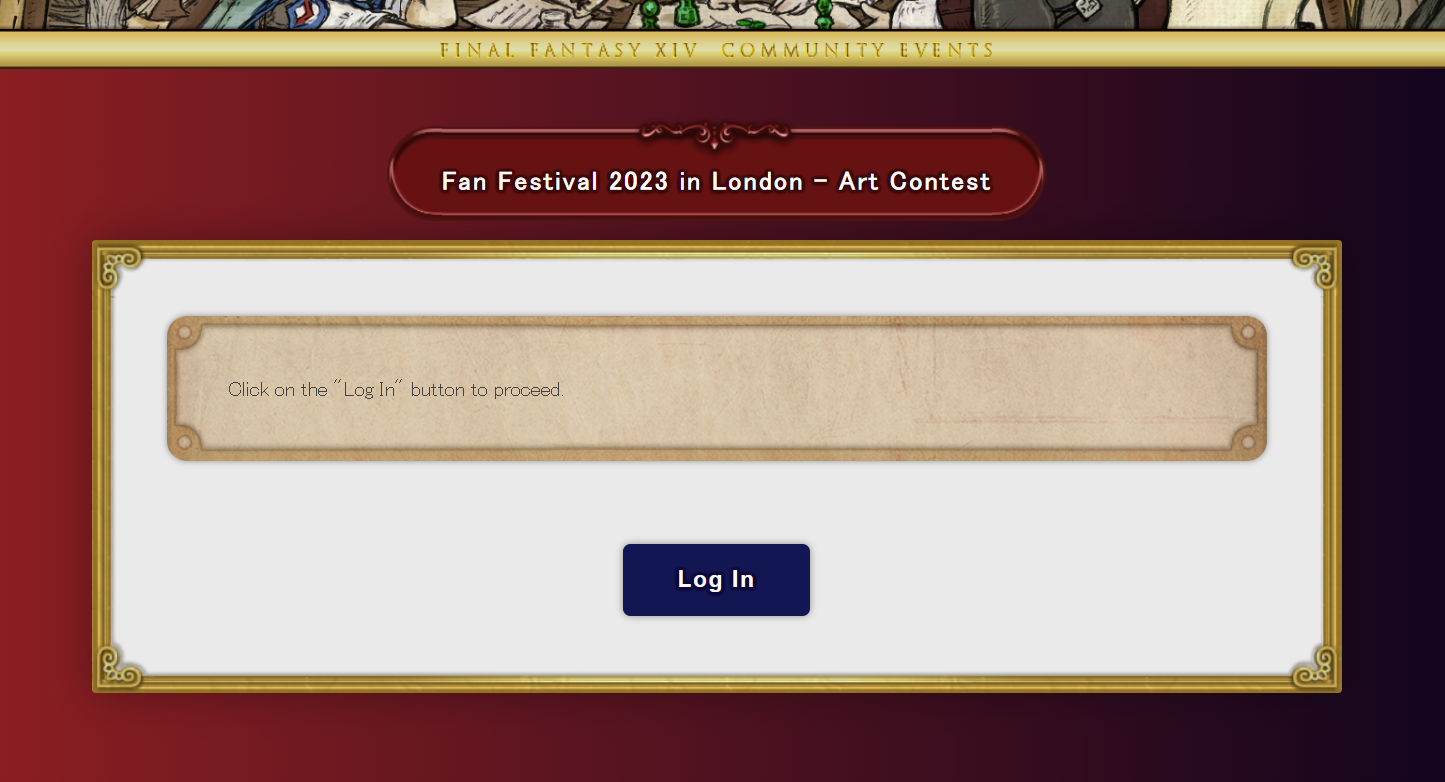A screenshot of the landing page for the art contest, with the text click the log in button to proceed, with a button saying log in underneath.